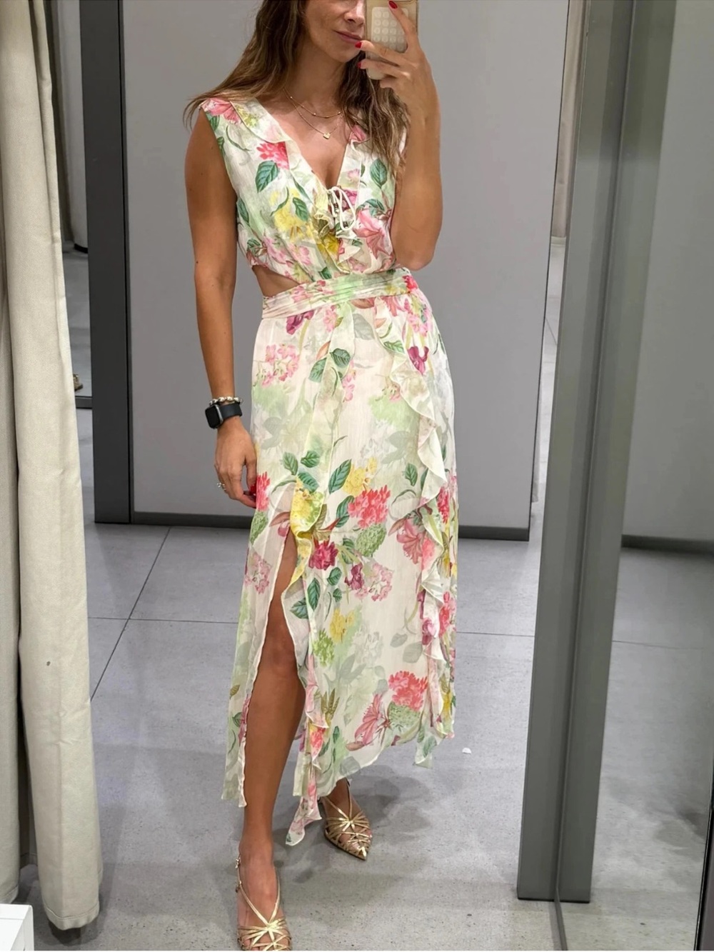 Zara White Floral Lace-Up Cutout Maxi Dress